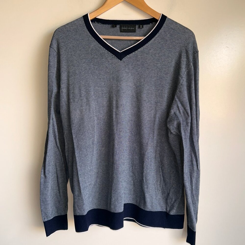 Bobby Jones 1930 Blue & White V-Neck Cotton Sweater Men's Large